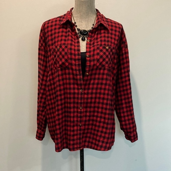Forever21 Red Black Buffalo Plaid Long Sleeve Flannel Shirt Size Large Oversized - Picture 4 of 14